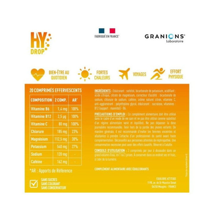 Hydrop Boost Caféine Hydratation Électrolytes Citron x20 effervescents - Granions - IllicoPharma