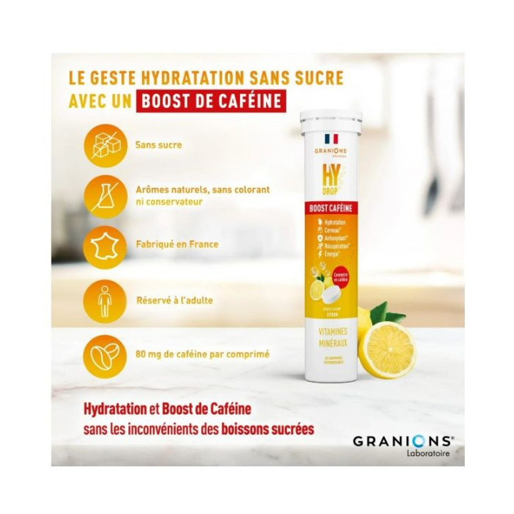 Hydrop Boost Caféine Hydratation Électrolytes Citron x20 effervescents - Granions - IllicoPharma