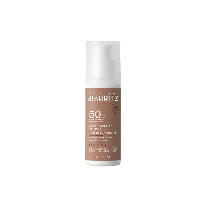 Crème Solaire Teintée Dorée Visage SPF50 Bio 50ml - Laboratoires de Biarritz – IllicoPharma