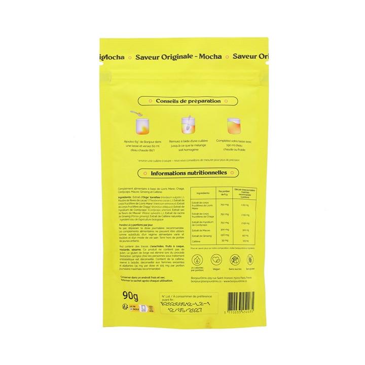 Bonjour Boisson Adaptogène Saveur Originale Mocha - 15 portions - IllicoPharma