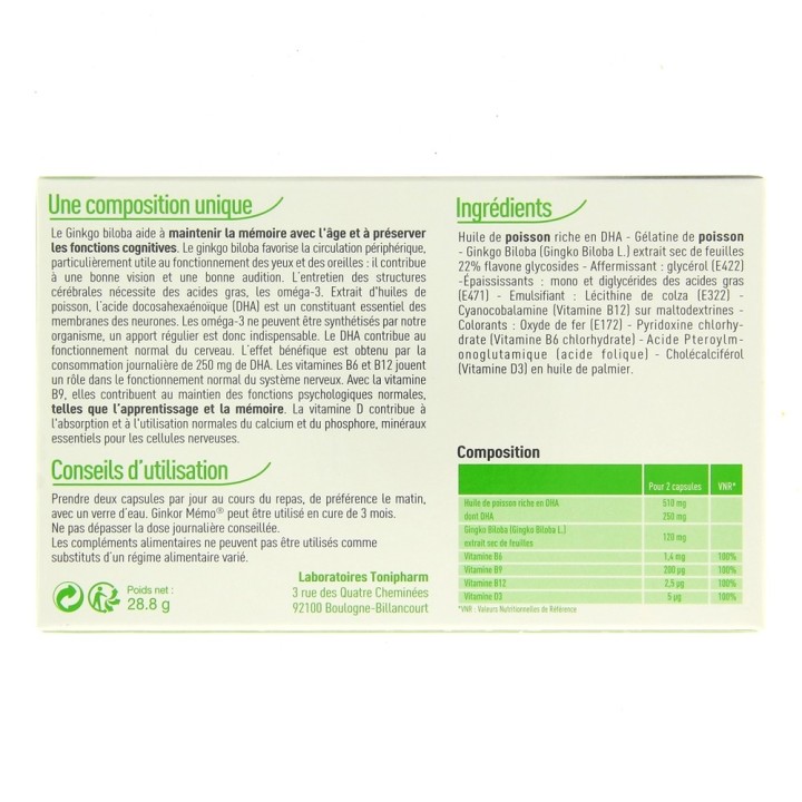 Ginkor Memo Capital cérébral x60 capsules Tonipharm