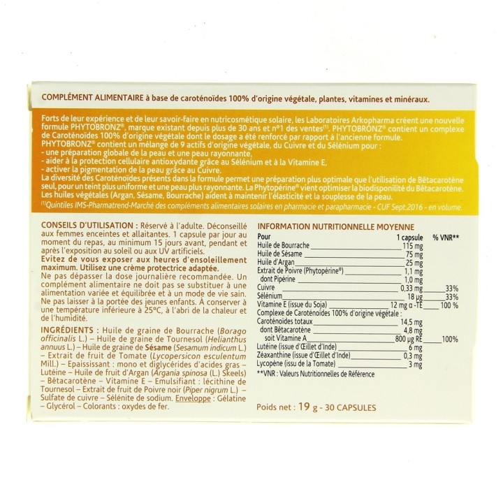 Phytobronz solaire 30 capsules- Arkopharma - Préparation au soleil - IllicoPharma
