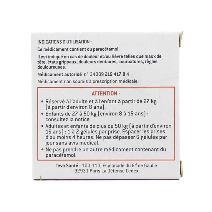 Paracétamol Teva 500mg  16gélules, Paracétamol, e-Pharmacie IllicoPharma