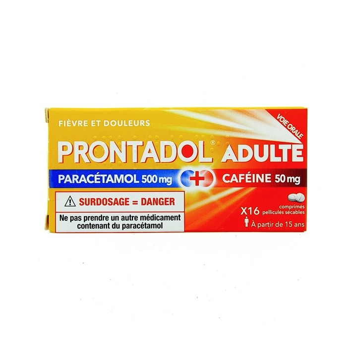 Prontadol Adulte paracétamol 500mg + caféine 50mg x16 comprimés - En vente chez Illicopharma