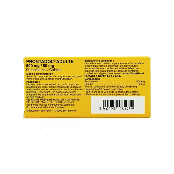 Prontadol Adulte paracétamol 500mg + caféine 50mg x16 comprimés - En vente chez Illicopharma