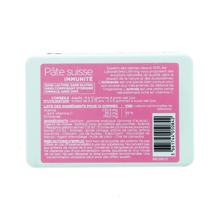 Pâte Suisse Défenses immunitaires Lehning - Echinacée et Acerola - 40 gommes