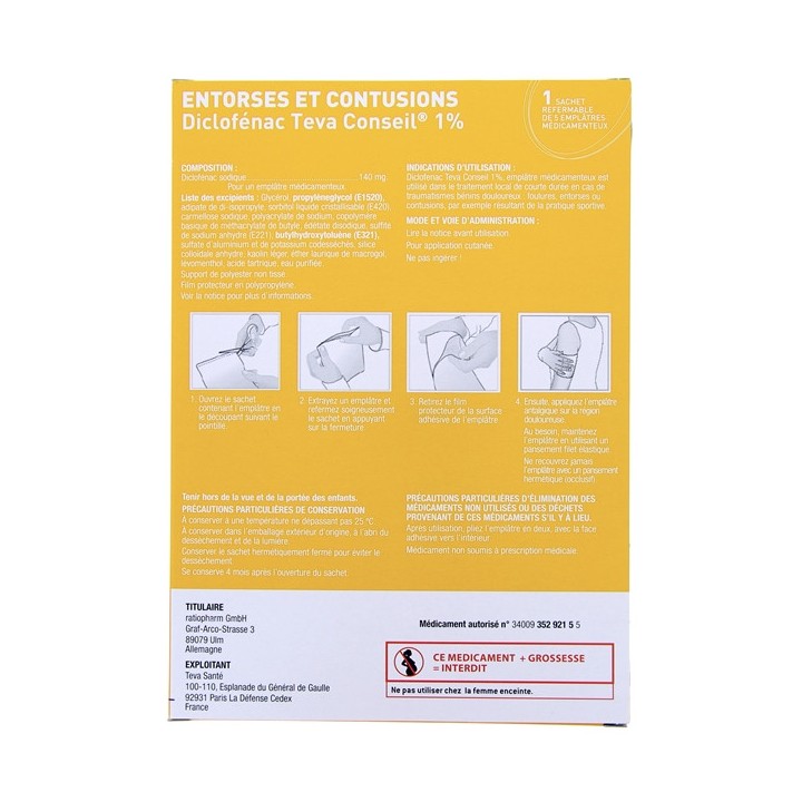 Diclofenac 1% emplâtres - Teva Conseil - Douleurs articulaires et musculaires - IllicoPharma