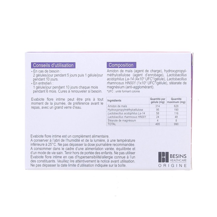 Evabiote Flore intime Microbiote Vaginal - 20 gélules - Besins - IllicoPharma