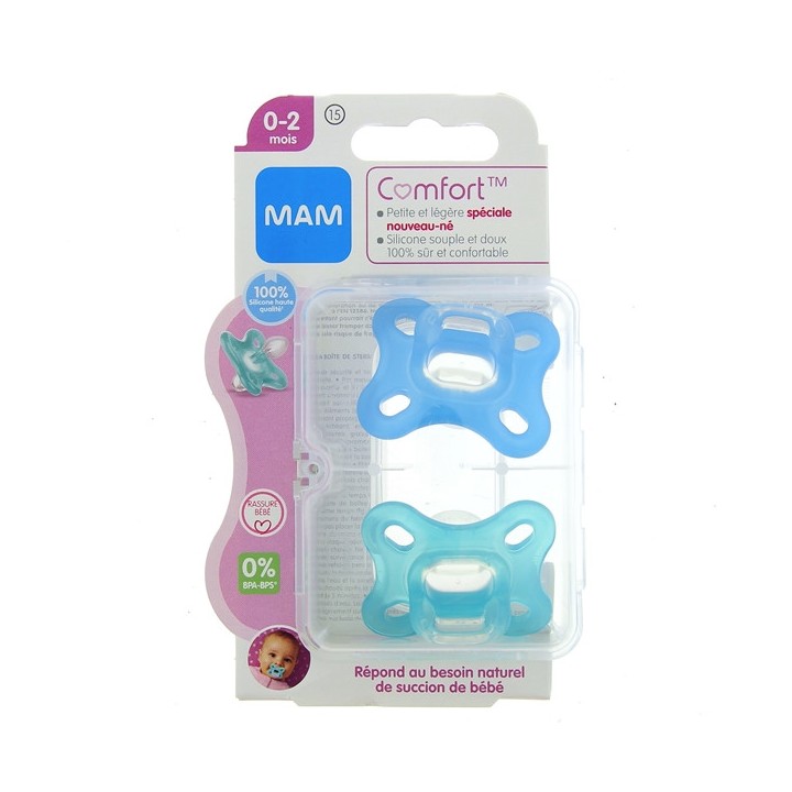 Comfort 2 Sucettes silicone - 0-2 mois - Bleu - MAM - IllicoPharma