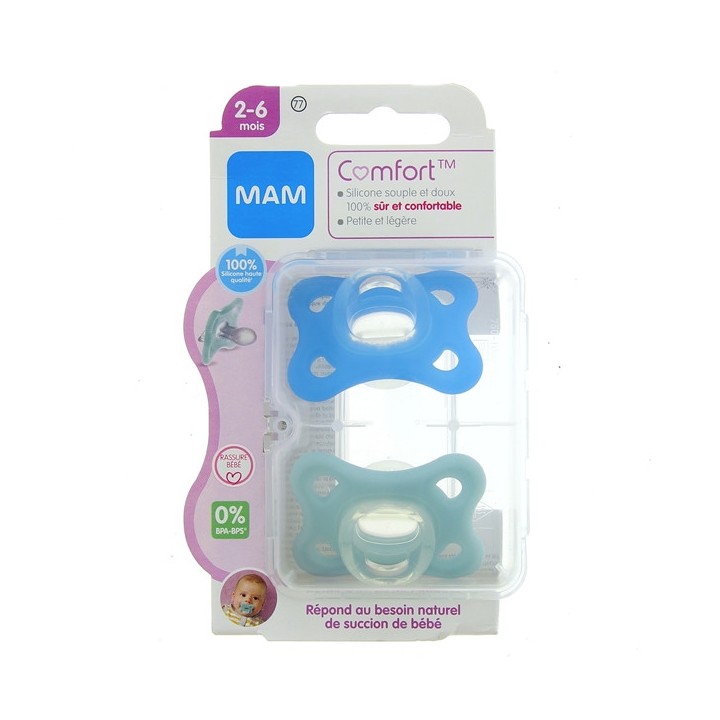 Comfort 2 Sucettes silicone - 2-6 mois - Bleu - MAM - IllicoPharma