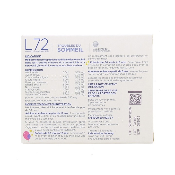 L72 40cpr orodispersibles Lehning - Troubles du sommeil - adultes & enfants