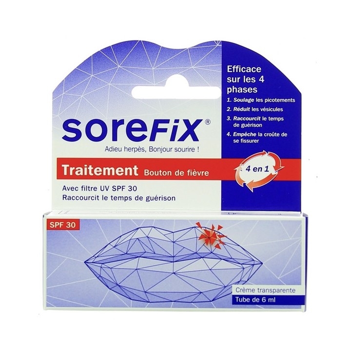 Sorefix - Crème transparente spf30 - Traitement bouton de fièvre - 6ml - Pharmacie IllicoPharma
