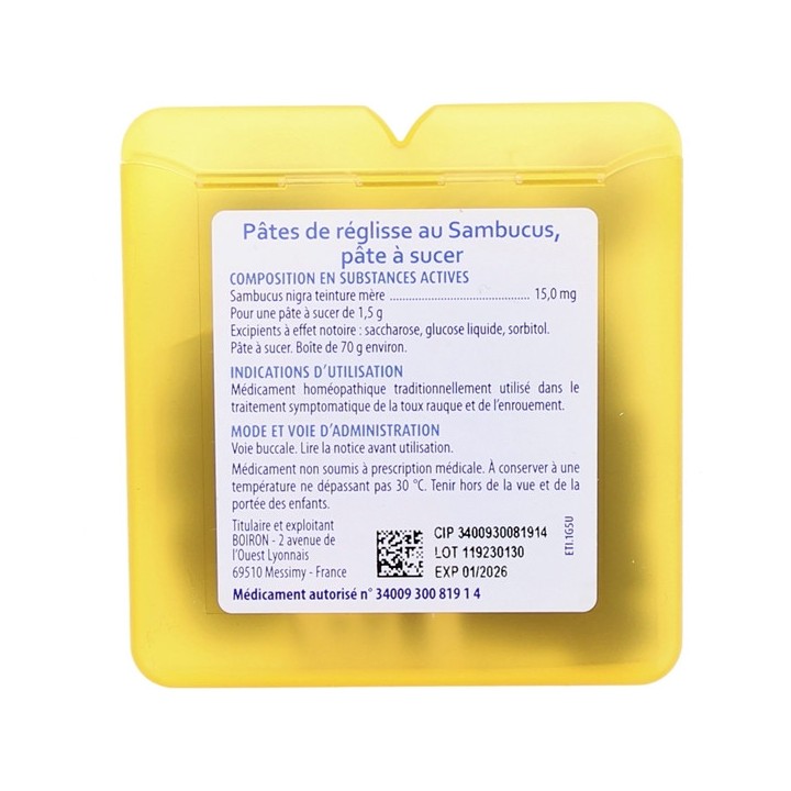 Pâtes de réglisse au Sambucus 70g - Toux et enrouement - Boiron