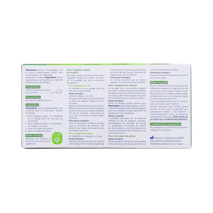 Physiodose Sérum Physiologique Stérile Végétale 40x5ml - Gilbert - IllicoPharma